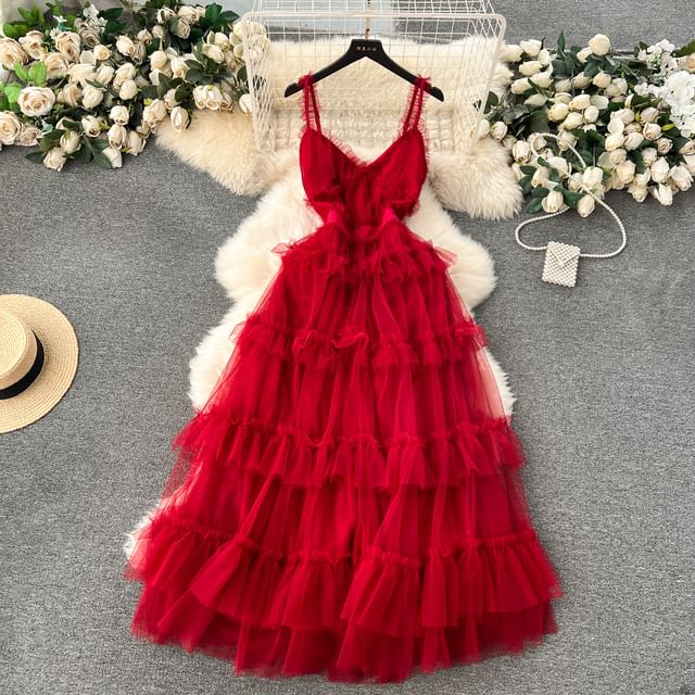 Lucuna-Spaghetti Strap V-Neck Plain Frill Trim Tiered Open Back Mesh Maxi A-Line Dress