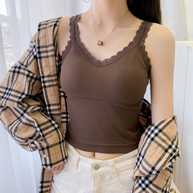 Maisee-Padded Lace Trim Camisole Top