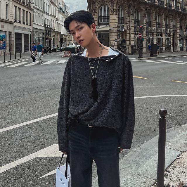 MRCYC-Long Sleeve Round Neck Plain Button Top