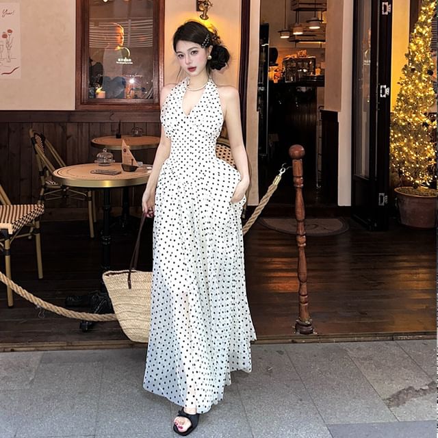 JIYON-Halter Neck Dotted Maxi A-Line Dress