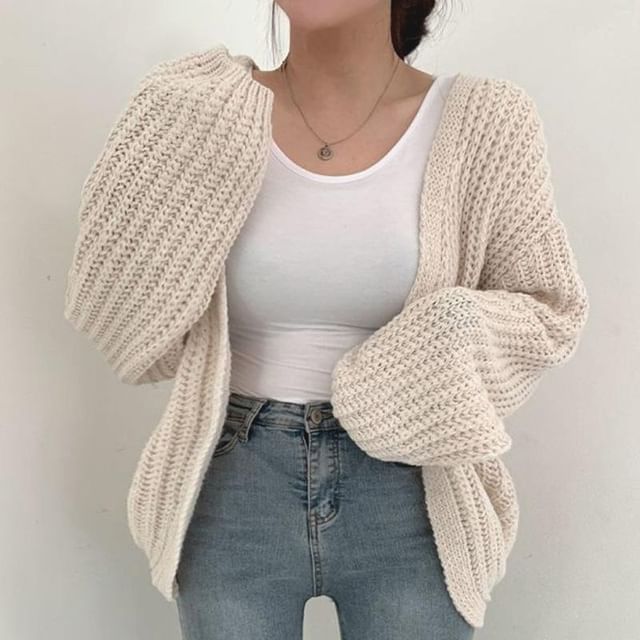 MIKIGA-Plain Open Front Cardigan