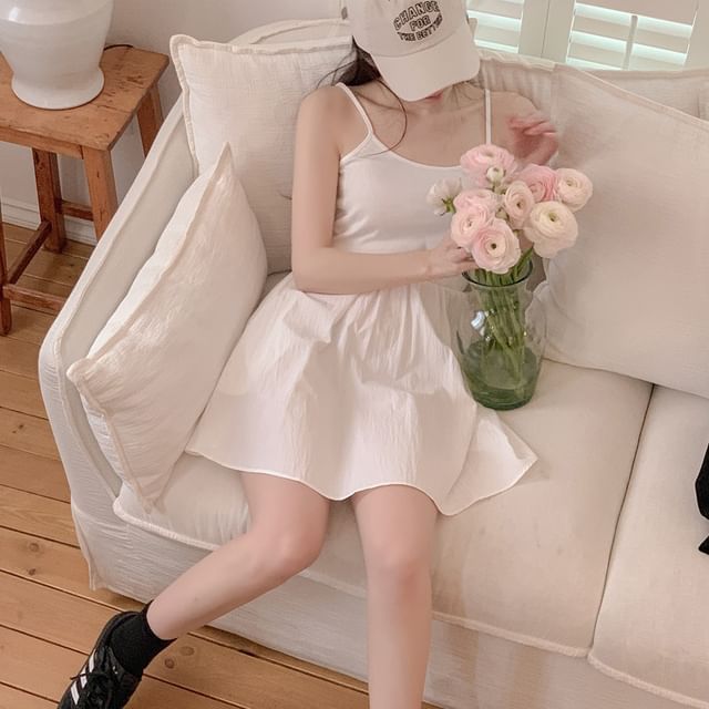 Tulstrix-Spaghetti Strap Plain Gathered Mini A-Line Dress