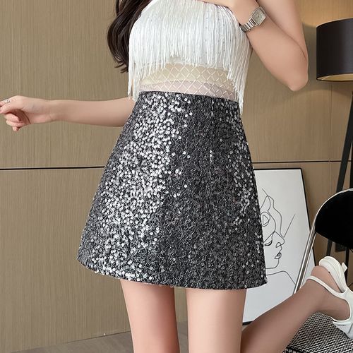 MAVIS - High Rise Plain Sequin Mini A-Line Skirt