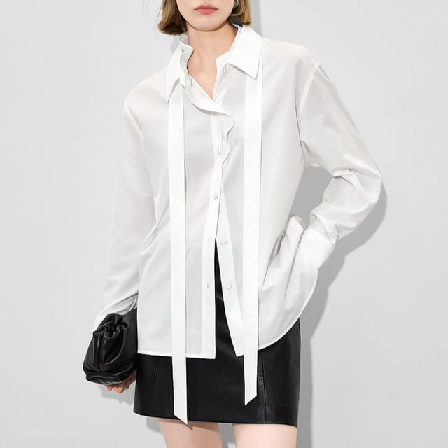 Jeonseon-Long-Sleeve Asymmetrical Plain Shirt