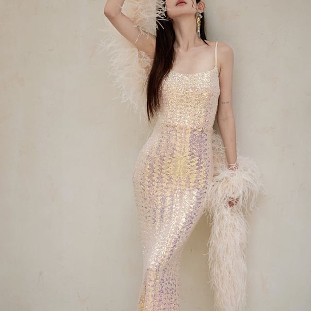 JVL-Spaghetti Strap Sequin Sheath Evening Gown