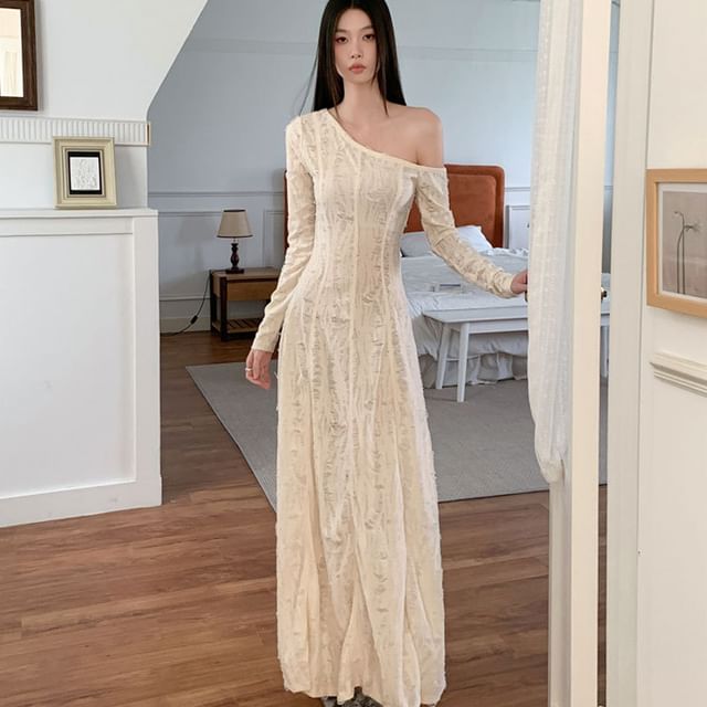 haruokiea - Long-Sleeve Off-Shoulder Plain Distressed Maxi A-Line Dress |  YesStyle