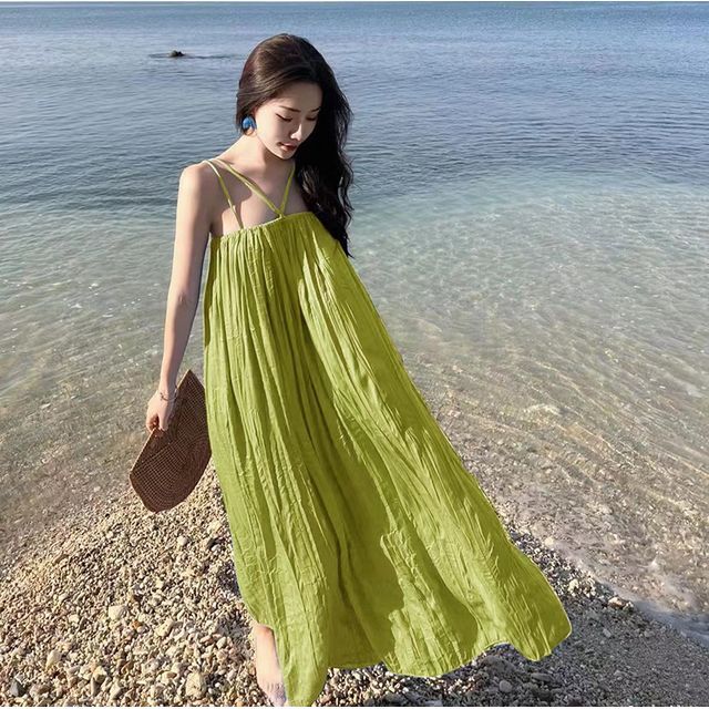 JIYON-Spaghetti Strap Plain Midi A-Line Sundress