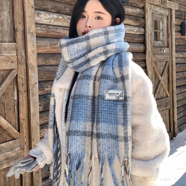 Frior-Plaid Fringed Shawl