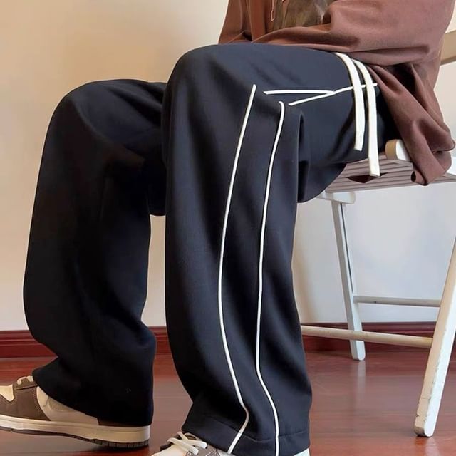 Urtishia-Drawstring Waist Striped Straight Leg Sweatpants