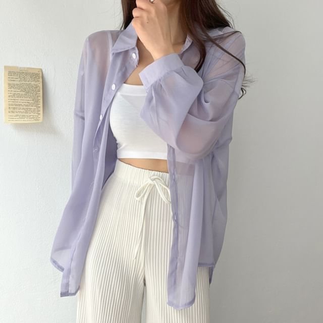 MIKIGA-Long-Sleeve Button-Up Plain Sheer Shirt