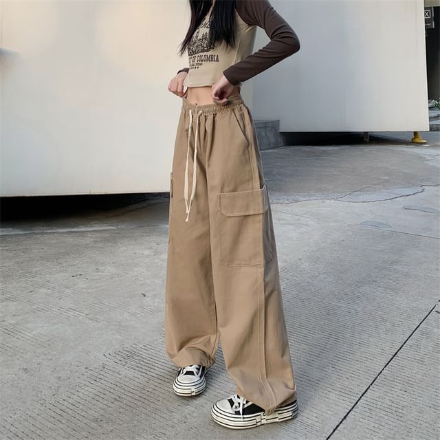 Racoon-High Waist Plain Wide Leg Cargo Pants