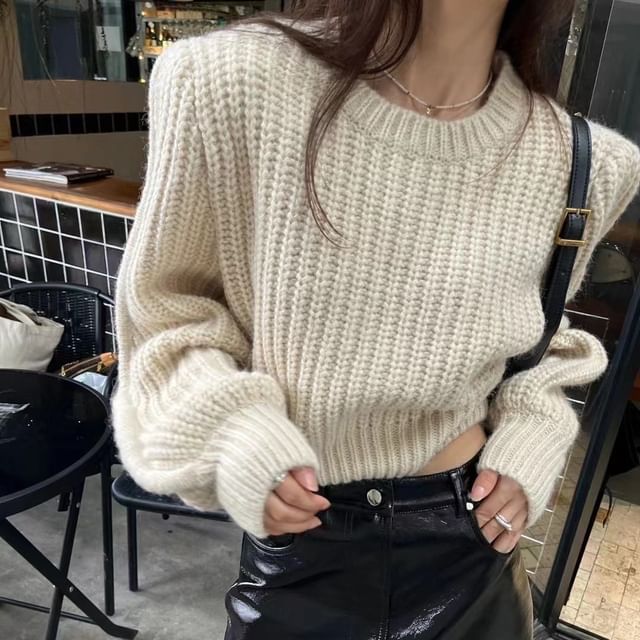 Sienne-Long-Sleeve Round Neck Plain Crop Sweater