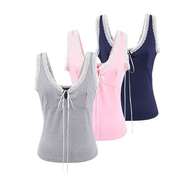 JVL-V-Neck Plain Lace Trim Tank Top