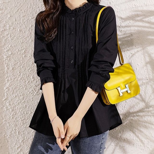 Dragan Pulse-Long-Sleeve Stand Collar Plain Blouse