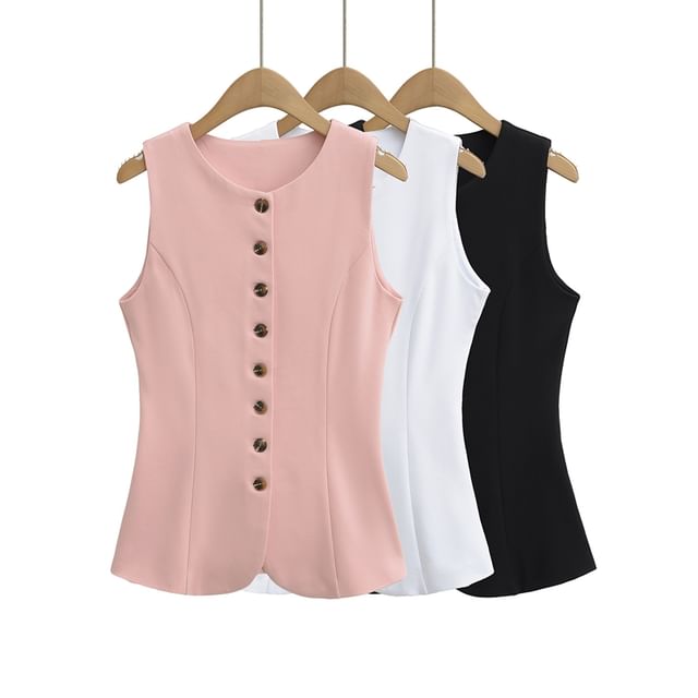 Ulark-Round Neck Plain Button Vest