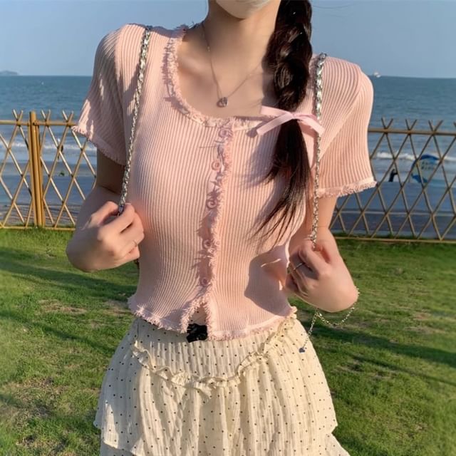 Allinya-Short-Sleeve U-Neck Frill Trim Plain Knit Top