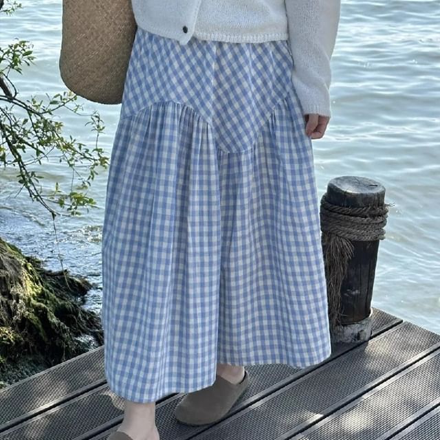 Yako-Mid Rise Gingham Midi A-Line Skirt