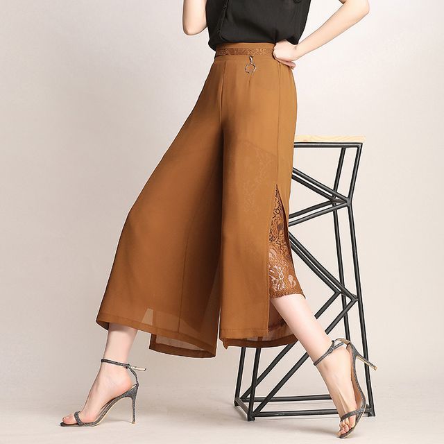 Lace Panel Wide Leg Cropped Pants 