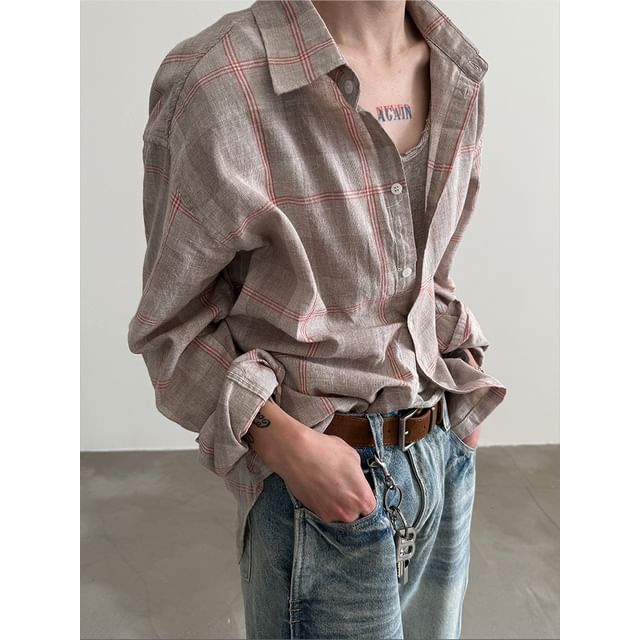 Nahagin-Long Sleeve Collared Plaid Shirt