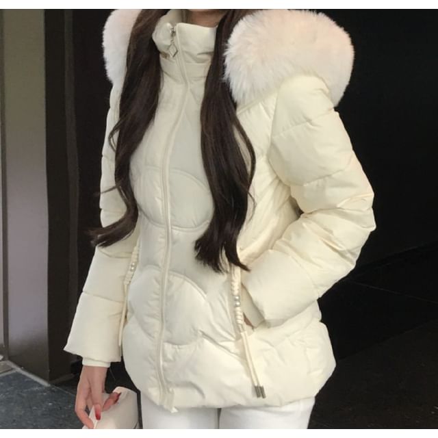 Trendycas-Plain Fluffy Trim Hooded Zip-Up Puffer Jacket