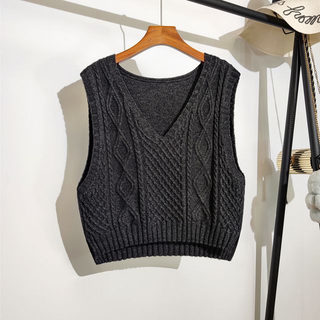 Keiko Girl V-Neck Plain Cable Knit Sweater Vest YesStyle