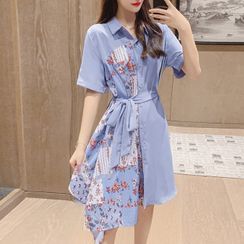Isaaca - Short-Sleeve Tie-Waist Floral Print Panel Asymmetric Hem Shirt Dress