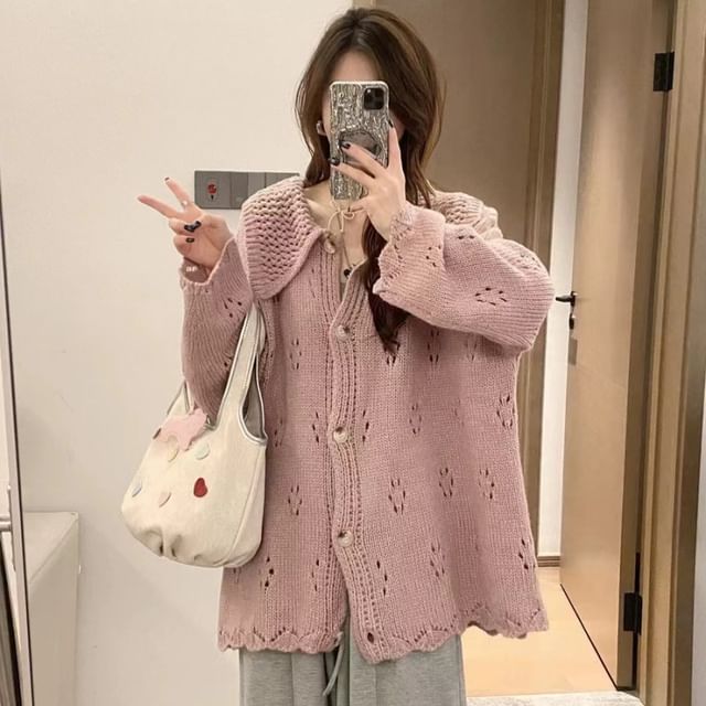 INEN-Collared Perforated Button-Up Cardigan