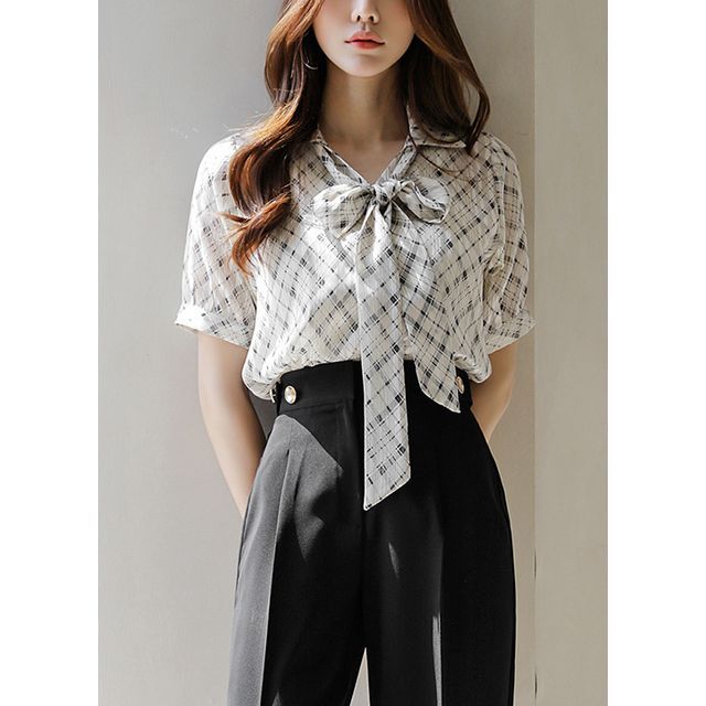 Collared Plaid Chiffon Blouse with Sash 