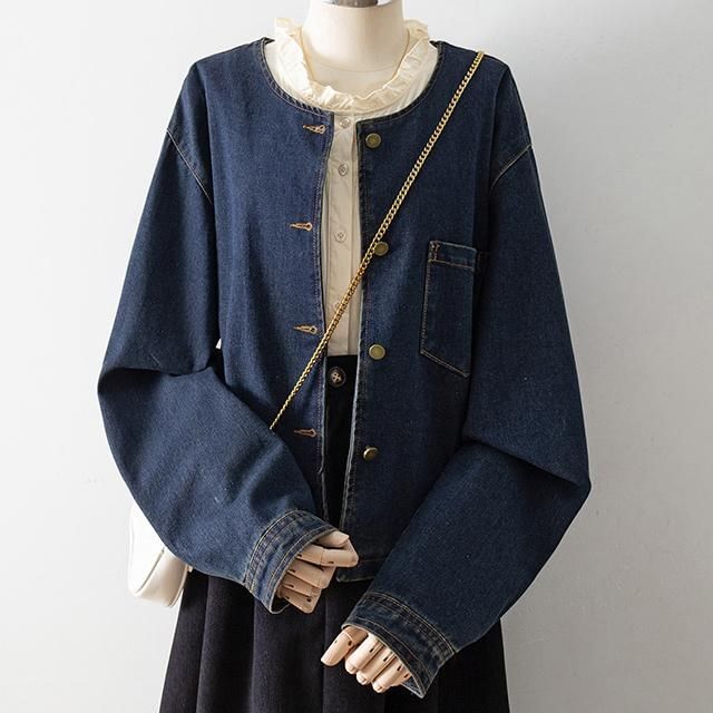 Cossita-34 Sleeve Round Neck Denim Button Up Jacket