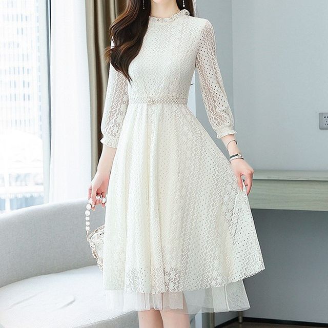 knee length dresses for ladies Elianna Midi-Length Sequin Lace 3/4 Sleeve Cocktail Dress – Gina Bacconi main image 1