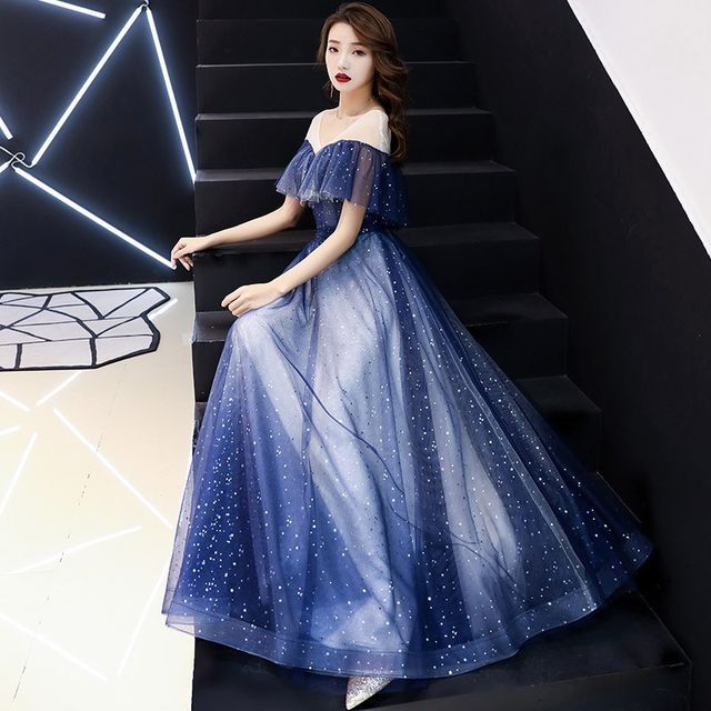 starry night formal dress short short celestial style tulle prom dress with sleeves