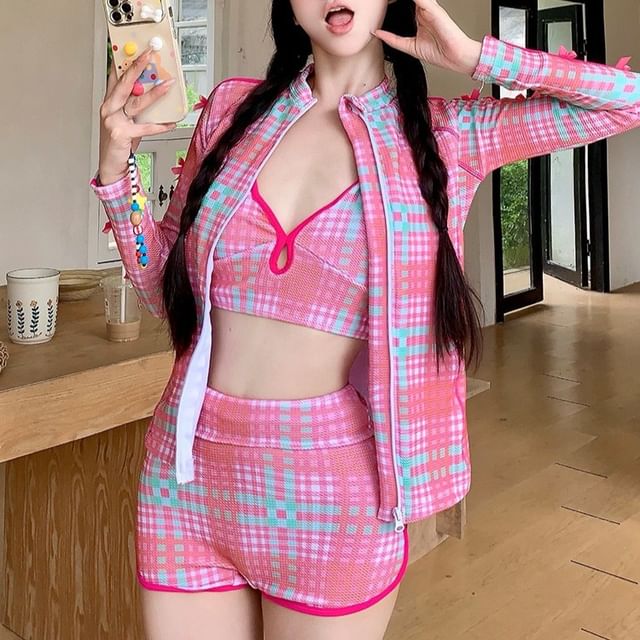 OGAWA-Plaid Bikini Top Bottom Cover-Up Jacket Set