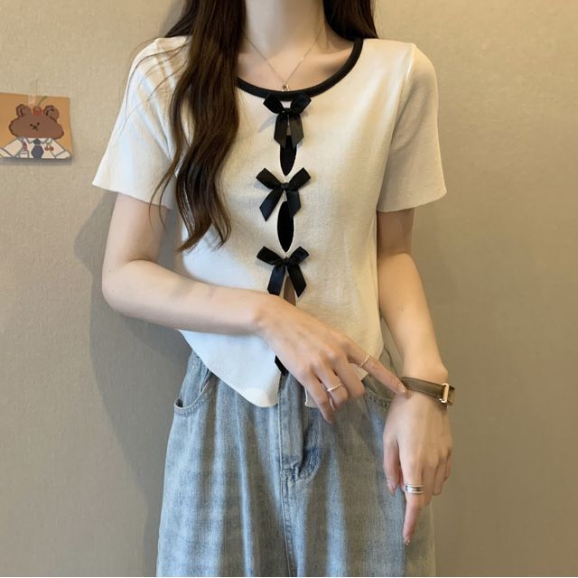 Short-Sleeve Plain Ribbon Perforated Knit Top