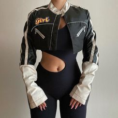 Genrovia - Two Tone Lettering Crop Faux Leather Biker Jacket