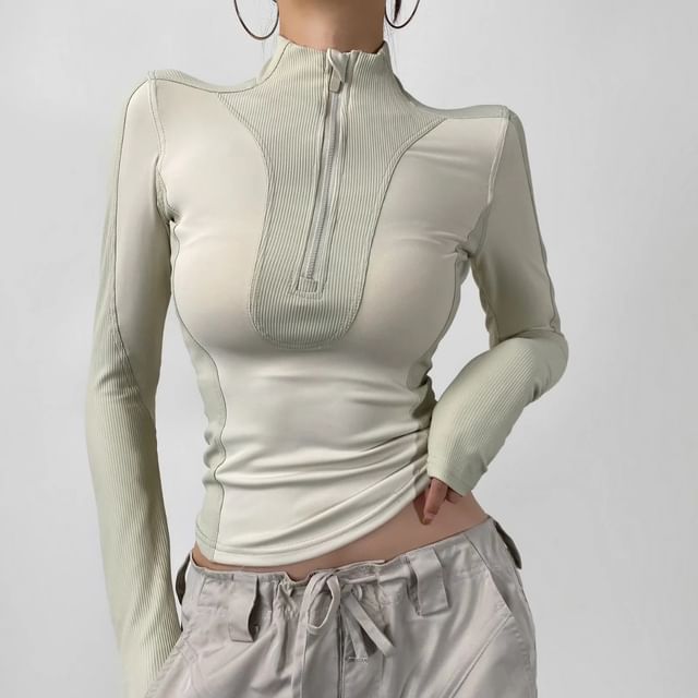 Asiris-Long-Sleeve Mock Neck Plain Half Zip Panel Top