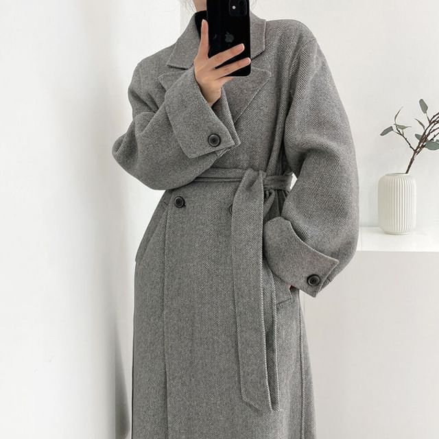 Jesong-Double Breasted Plain Long Coat