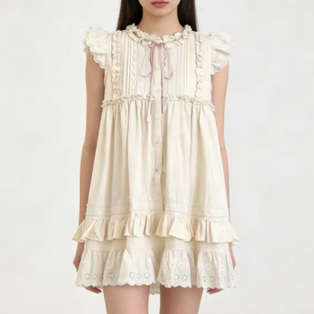 Sisyphi-Kurzärmliges gerüschtes Mini-A-Linien-Kleid mit Rundhalsausschnitt und Ösenstickerei