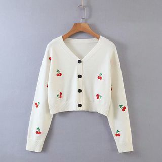 Hitano Cherry Embroidered Cropped Knit Cardigan Yesstyle