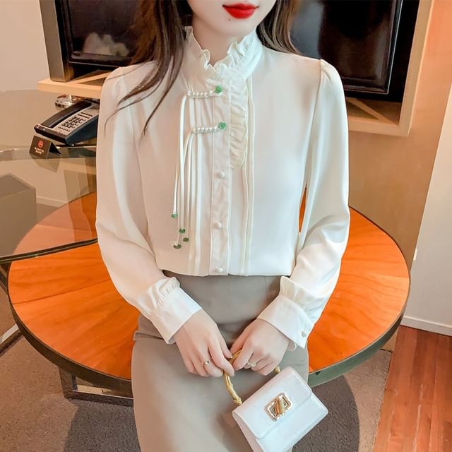 Sienne-Long-Sleeve Stand Collar Frog Buttoned Shirt