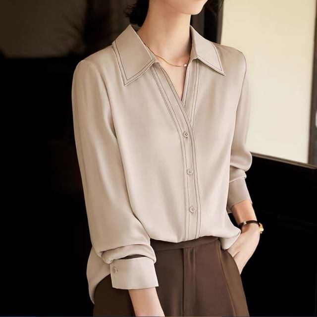 Jeonseon-Long-Sleeve V-Neck Contrast Stitching Shirt
