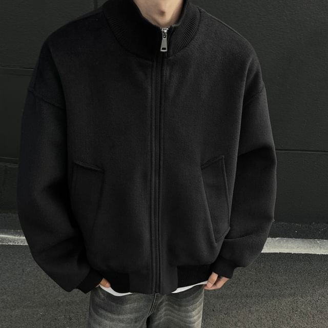 Freehop-Stand Collar Plain Panel Zip Jacket