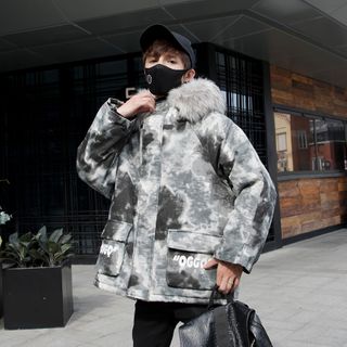 camo faux fur hooded coat