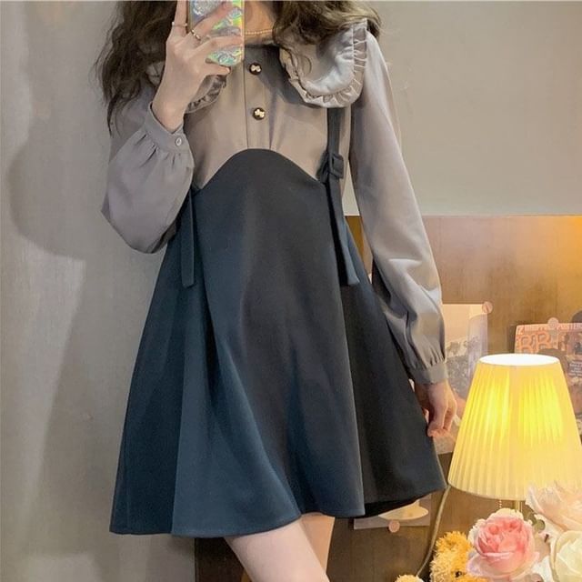 Sisyphi-Long-Sleeve Ruffle Neck Mock Two Piece Button Mini A-Line Dress