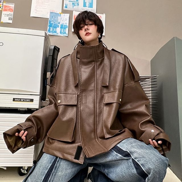 FAUX LEATHER TUCK ジャケット Oversize Zip-Up Faux Leather Jacket OL408 - Korean Women's Fashion