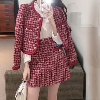 Yilda-Set Houndstooth Tweed Button-Up Jacket High Waist Mini A-Line Skirt