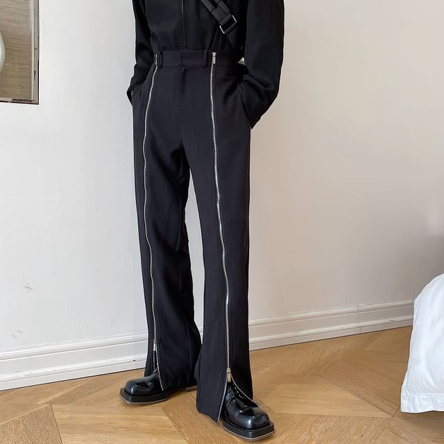 Patow-Mid Rise Plain Zip Slit Straight Leg Pants