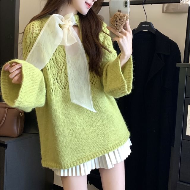 Trendycas-Tie Neck Plain Keyhole Sweater