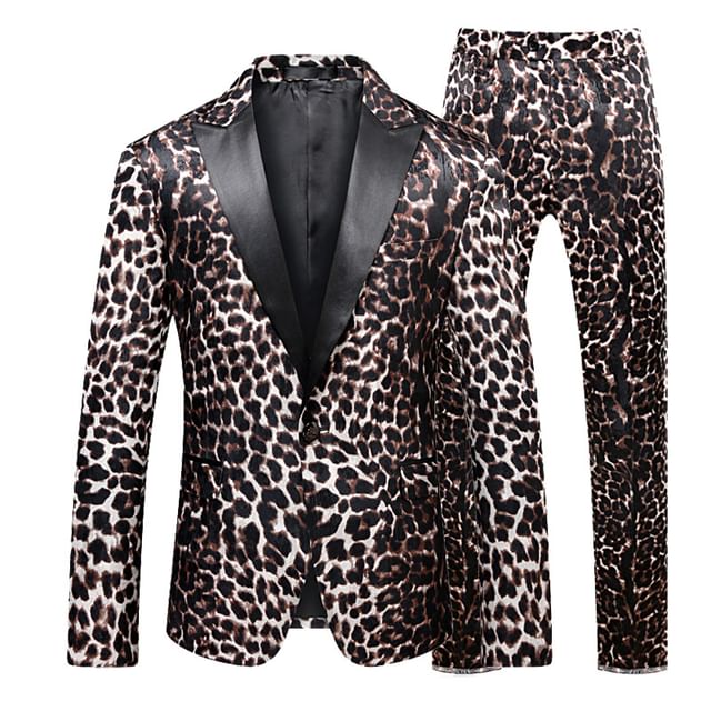 Sheck-Set Peak Lapel Leopard Print Single Breasted Blazer Mid Rise Straight Leg Dress Pants