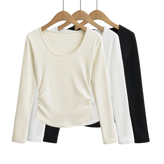 Asiris-Long-Sleeve Scoop Neck Plain Ruched Tee