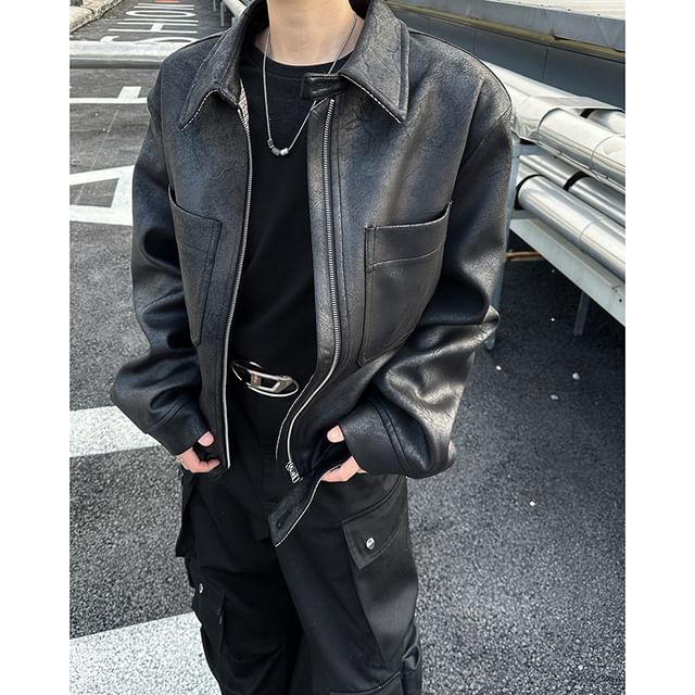 Plummie-Collared Drop Shoulder Faux Leather Plain Zip Jacket